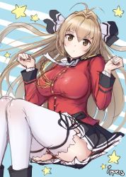 Rule 34 | 1girl, aiguillette, amagi brilliant park, antenna hair, arms up, black footwear, black skirt, bow, breasts, brown eyes, brown hair, commentary, hair bow, hair intakes, hair ribbon, highres, ippers, large breasts, long hair, military, military uniform, pleated skirt, ponytail, ribbon, sento isuzu, simple background, sketch, skirt, solo, star (symbol), thigh strap, thighhighs, uniform, white thighhighs