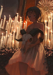Rule 34 | 1girl, animal skull, blue eyes, breasts, brown hair, candle, cleavage, closed mouth, collarbone, commentary, cowboy shot, dress, english commentary, holding, holding skull, indoors, original, others (gogo-o), plant, short hair, skull, sleeveless, sleeveless dress, solo, white dress