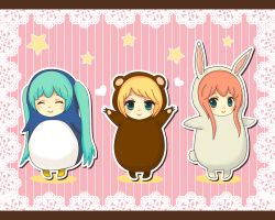Rule 34 | 3girls, :d, ^ ^, animal costume, arms up, bear costume, betete, closed eyes, hatsune miku, highres, kagamine rin, letterboxed, long hair, looking at viewer, megurine luka, multiple girls, open mouth, outstretched arms, rabbit costume, sidelocks, simple background, smile, standing, striped, striped background, twintails, very long hair, vocaloid