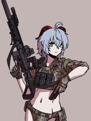 Rule 34 | 1girl, ammunition belt, ammunition pouch, assault rifle, bikini, blue hair, brown background, camouflage, camouflage bikini, camouflage gloves, camouflage jacket, closed mouth, ganyu (genshin impact), genshin impact, grey eyes, gun, h&amp;k hk416, highres, holding, holding gun, holding weapon, horns, jacket, magazine (weapon), medium hair, navel, pouch, rifle, sharpy (kdy000913), simple background, sleeves rolled up, solo, swimsuit, trigger discipline, weapon