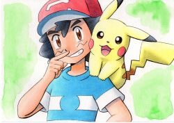 Rule 34 | 1boy, ash ketchum, baseball cap, black hair, blue shirt, brown eyes, commentary request, creatures (company), game freak, gen 1 pokemon, green background, grin, hand up, hat, highres, looking at viewer, male focus, nintendo, oka mochi, on shoulder, pikachu, pokemon, pokemon (anime), pokemon (creature), pokemon on shoulder, pokemon sm (anime), red headwear, shirt, short hair, short sleeves, smile, striped clothes, striped shirt, teeth, traditional media, upper body