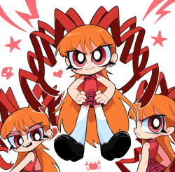Rule 34 | 1girl, alternate universe, bare arms, bare shoulders, berserk (ppg), black footwear, blush, collared shirt, commentary, dark persona, english commentary, evil smile, eyelashes, hair ribbon, hands on own hips, highres, kim crab, laughing, long hair, long ribbon, looking at viewer, mary janes, medium bangs, messy hair, miniskirt, multiple views, orange hair, plaid, plaid skirt, pleated skirt, ponytail, powerpuff girls, red eyes, red ribbon, red shirt, red skirt, ribbon, shirt, shoes, skirt, sleeveless, sleeveless shirt, smile, standing, straight-on, swept bangs, thighhighs, very big eyes, very long hair, white background, white thighhighs, zettai ryouiki