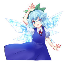 Rule 34 | 1girl, arm up, blue dress, blue eyes, blue hair, bow, cirno, dress, hair bow, ice, ice wings, matching hair/eyes, open mouth, puffy short sleeves, puffy sleeves, shirt, short sleeves, simple background, smile, solo, touhou, uranaishi (miraura), wings