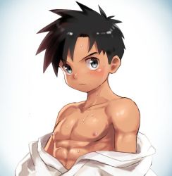 Rule 34 | 1boy, abs, bad id, bad twitter id, black hair, blue eyes, blush, closed mouth, dougi, kimura b, looking at viewer, male focus, muscular, muscular male, off shoulder, original, serious, solo, sweat, tan, upper body