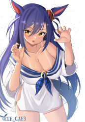 Rule 34 | 1girl, absurdres, animal ears, artist name, bare arms, bare shoulders, bikini tan, blue hair, breasts, claw pose, cleavage, collarbone, contrapposto, dress, eyelashes, fang, feet out of frame, hair between eyes, hair ornament, hairclip, hands up, head tilt, highres, hishi amazon (umamusume), horse ears, horse girl, horse tail, large breasts, light blush, long hair, looking at viewer, off-shoulder dress, off shoulder, open mouth, sailor dress, short sleeves, sidelocks, skin fang, standing, straight hair, sweat, swept bangs, tail, tan, tanline, tf cafe, umamusume, v-shaped eyebrows, very long hair, white dress, wide sleeves, yellow eyes