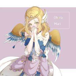 Rule 34 | 1girl, alternate hairstyle, blonde hair, blue flower, braid, character name, circlet, dress, feathered wings, flower, french braid, green eyes, own hands clasped, head wings, highres, interlocked fingers, jewelry, komiyam a, lace trim, letterboxed, long hair, love live!, love live! school idol festival, love live! sunshine!!, necklace, ohara mari, outside border, own hands together, purple background, purple flower, sash, simple background, solo, strapless, strapless dress, white flower, wings