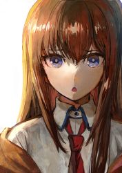 Rule 34 | 1girl, aoki (fumomo), blue eyes, bright pupils, brown hair, collared shirt, furrowed brow, hair between eyes, long hair, looking at viewer, makise kurisu, necktie, open mouth, red necktie, shirt, simple background, solo, steins;gate, straight hair, upper body, white background, white shirt