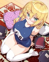 Rule 34 | 1girl, blonde hair, blue eyes, blush, book, breasts, dd (ijigendd), glasses, hat, highres, i-8 (kancolle), kantai collection, large breasts, long hair, looking at viewer, low twintails, name tag, one-piece swimsuit, peaked cap, red-framed eyewear, school swimsuit, semi-rimless eyewear, sitting, skin tight, skindentation, solo, swimsuit, thighhighs, thighs, tri tails, twintails, under-rim eyewear, wariza, white thighhighs