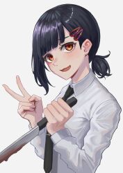 Rule 34 | 1girl, absurdres, bang dream!, black necktie, blunt bangs, blush, chainsaw man, collared shirt, commentary, cosplay, dress shirt, hair ornament, hairclip, higashiyama kobeni, higashiyama kobeni (cosplay), highres, holding, holding knife, knife, long sleeves, looking at viewer, necktie, nishiki (nishiki4692), ooarai school uniform, open mouth, orange eyes, school uniform, shirt, simple background, solo, upper body, ushigome rimi, v, wavy mouth, white background, white shirt