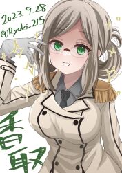 Rule 34 | 1girl, black necktie, breasts, brown hair, buttons, character name, collared shirt, dated, double-breasted, epaulettes, folded ponytail, glasses, gloves, green eyes, grey shirt, highres, kantai collection, katori (kancolle), large breasts, long hair, looking at viewer, military uniform, necktie, one-hour drawing challenge, parted bangs, parted lips, rimless eyewear, ryouki (34388923), shirt, simple background, solo, sparkle, twitter username, uniform, upper body, white background, white gloves