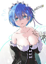 Rule 34 | 1girl, bare shoulders, black dress, blue eyes, blue hair, blush, breasts, cleavage, collarbone, commentary request, detached sleeves, dress, flying sweatdrops, frilled sleeves, frills, hair between eyes, hair ornament, hair ribbon, highres, large breasts, long sleeves, looking at viewer, maid, maid headdress, mamezuka takashi, open mouth, re:zero kara hajimeru isekai seikatsu, rem (re:zero), ribbon, short hair, solo, strapless, strapless dress, upper body, x hair ornament