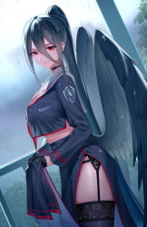 Rule 34 | 1girl, absurdres, black choker, black gloves, black hair, black skirt, black thighhighs, black wings, blue archive, breasts, choker, closed mouth, from side, gaosu gong lu, garter belt, gloves, hair between eyes, hasumi (blue archive), high ponytail, highres, holding, holding clothes, holding skirt, lace, lace-trimmed legwear, lace trim, large breasts, long bangs, long hair, looking at viewer, midriff, mole, mole under eye, outdoors, pleated skirt, ponytail, railing, rain, red eyes, sailor collar, school uniform, serafuku, side slit, skirt, skirt hold, smile, solo, thighhighs, thighs, very long hair, wings