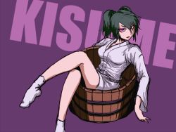 Rule 34 | 1girl, alternate breast size, breasts, bucket, character name, dark green hair, green hair, hair bobbles, hair ornament, japanese clothes, kimono, kisume, crossed legs, long sleeves, looking at viewer, medium breasts, miata (miata8674), aged up, parted lips, pink eyes, purple background, simple background, sitting, socks, solo, touhou, twintails, white kimono