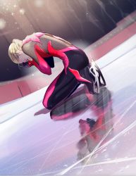 Rule 34 | 1boy, amg (nwmnmllf), blonde hair, bodysuit, braid, dutch angle, closed eyes, ice skates, kneeling, male focus, ponytail, reflection, skates, skating rink, sparkle, tears, yuri!!! on ice, yuri plisetsky