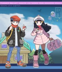 Rule 34 | 1boy, 1girl, :o, alternate costume, backpack, bag, black hair, boots, buttons, closed mouth, cloud, coat, commentary, copyright name, creatures (company), dawn (pokemon), day, dreambig, drifloon, duffel bag, eyelashes, floating hair, full body, game freak, gen 4 pokemon, grey eyes, hair ornament, hairclip, hand up, hat, highres, holding, holding poke ball, long hair, lucas (pokemon), nintendo, orange headwear, orange scarf, outdoors, outline, over-kneehighs, pants, pink bag, pink coat, poke ball, poke ball (basic), pokemon, pokemon (creature), pokemon bdsp, scarf, shoes, short hair, sidelocks, sky, smile, standing, sweater, thighhighs, watermark, white headwear, yellow bag