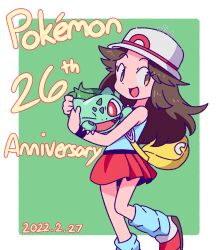 Rule 34 | 1girl, anniversary, bag, black wristband, blue leg warmers, blue shirt, border, bright pupils, brown eyes, brown hair, bulbasaur, claws, copyright name, creatures (company), dated, eyelashes, game freak, gen 1 pokemon, green background, highres, holding, holding pokemon, leaf (pokemon), leg warmers, long hair, nintendo, nostrils, one eye closed, open mouth, pleated skirt, pokemon, pokemon (creature), pokemon frlg, red eyes, red skirt, shirt, shoulder bag, signature, skirt, vs seeker, white border, white headwear, white pupils, yellow bag, yuki oto