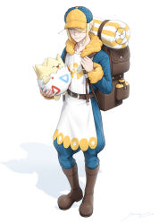 Rule 34 | 1boy, backpack, bag, belt, blonde hair, blue jumpsuit, boots, brown bag, brown belt, brown footwear, closed mouth, commentary request, creatures (company), game freak, gen 2 pokemon, grey eyes, hair over one eye, hat, holding, holding pokemon, holding strap, jumpsuit, male focus, nintendo, pokemon, pokemon (creature), pokemon legends: arceus, sawaco (sawaco520), short hair, signature, smile, standing, togepi, volo (pokemon), yellow headwear