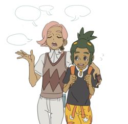 Rule 34 | 2boys, androgynous, arm around shoulder, backpack, bag, blank speech bubble, closed eyes, creatures (company), dark-skinned male, dark skin, eyelashes, game freak, gguinep, green hair, grey eyes, hau (pokemon), high ponytail, ilima (pokemon), looking at another, male focus, multiple boys, nintendo, open mouth, pants, pink hair, pokemon, pokemon sm, shorts, simple background, smile, speech bubble, sweater vest, talking, trial captain, white background, white pants