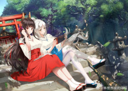 Rule 34 | 2girls, absurdres, adjusting hair, black hair, breasts, broom, clothing request, commentary request, copyright request, forest, full body, gesture request, highres, japanese clothes, large breasts, long hair, looking at viewer, miko, multiple girls, nature, outdoors, pantyhose, parted bangs, sandals, shrine, socks, stairs, tree, very long hair, white hair, white legwear, yellow eyes, zouri