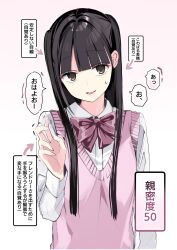 1girl absurdres arrow_(symbol) bent_v black_hair blunt_bangs bow bowtie collared_shirt commentary_request dress_shirt highres hitsuzida long_hair long_sleeves looking_at_viewer miyu_(hitsuzida) original parted_lips pink_bow pink_bowtie pink_sweater_vest school_uniform shirt sidelocks solo speech_bubble sweatdrop sweater_vest translation_request trembling two_side_up upper_body v white_shirt yellow_eyes