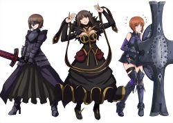 Rule 34 | 3girls, alternate eye color, armor, armored dress, artoria pendragon (all), artoria pendragon (fate), black dress, black footwear, black sleeves, blush, boots, bridal gauntlets, brown eyes, brown hair, closed mouth, commentary, cosplay, detached sleeves, dress, elbow gloves, excalibur morgan (fate), fate/grand order, fate (series), flying sweatdrops, frown, gauntlets, girls und panzer, gloves, greaves, grey dress, grey footwear, head tilt, high heel boots, high heels, highres, holding, holding sword, holding weapon, huge weapon, long dress, long hair, looking at viewer, looking to the side, mash kyrielight, mash kyrielight (cosplay), mask, medium hair, mother and daughter, mouth mask, multiple girls, nishizumi maho, nishizumi miho, nishizumi shiho, omachi (slabco), open mouth, purple eyes, saber alter, saber alter (cosplay), semiramis (fate), semiramis (fate) (cosplay), serious, short dress, short hair, siblings, simple background, sisters, sleeveless, sleeveless dress, standing, straight hair, sword, thigh boots, thigh strap, thighhighs, weapon, white background