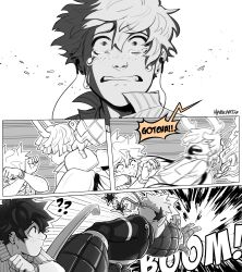 Rule 34 | 3boys, ?, ??, absurdres, arthropod boy, artist name, bakugou katsuki, body freckles, boku no hero academia, bracelet, closed eyes, comic, commentary, covering face, crying, crying with eyes open, earphones, english commentary, english text, explosion, freckles, greyscale, habkart, highres, horns, jewelry, looking at another, male focus, midoriya izuku, monochrome, motion blur, multiple boys, scared, short hair, short sleeves, speech bubble, spiked hair, tears, teeth