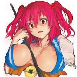 Rule 34 | 1girl, areola slip, between breasts, breasts, breasts apart, collarbone, dress, hair bobbles, hair ornament, holding, large breasts, looking at viewer, nipple slip, nipples, no bra, nuppehofu (nibuta), onozuka komachi, open mouth, parted lips, red eyes, red hair, short sleeves, solo, touhou, two side up, upper body