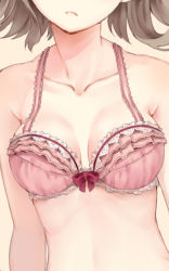 Rule 34 | 1girl, bow, bow bra, bra, breasts, brown hair, close-up, frown, head out of frame, highres, original, out of frame, parsley-f, pink bra, simple background, solo, underwear