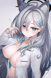 Rule 34 | 1girl, ahoge, animal ears, aqua necktie, areola slip, between breasts, blue archive, blush, breasts, cleavage, covered erect nipples, extra ears, flying sweatdrops, grey hair, halo, hand in own hair, highres, large breasts, long hair, looking at viewer, mismatched pupils, navel, necktie, necktie between breasts, no bra, open clothes, open shirt, saebashi, shiroko (blue archive), shiroko terror (blue archive), shirt, solo, straight hair, sweatdrop, undone necktie, upper body, very long hair, white shirt, wolf ears