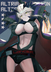 Rule 34 | 1girl, absurdres, alternate costume, armpits, arms up, artoria pendragon (fate), artoria pendragon (lancer alter) (fate), blonde hair, braid, breasts, dolce (dolsuke), fate/grand order, fate (series), french braid, hair between eyes, highres, horns, lance, large breasts, long hair, looking at viewer, polearm, sidelocks, solo, thighs, weapon, yellow eyes