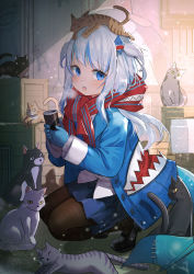 Rule 34 | 1girl, animal, animal hood, animal on head, black footwear, bloop (gawr gura), blue coat, blue eyes, blue gloves, blue skirt, breath, cat, cat on head, coat, coffee, crate, enpera, fins, fish tail, full body, fuyouchu, gawr gura, gloves, grey hair, highres, hololive, hololive english, hood, indoors, long hair, long sleeves, looking at viewer, on head, open mouth, pantyhose, pleated skirt, red scarf, scarf, shark hood, shark tail, sharp teeth, shoes, skirt, squatting, tail, teeth, thighhighs, twintails, two side up, virtual youtuber