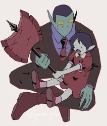 Rule 34 | 1boy, 1girl, adventure time, axe, black hair, dress, fangs, father and daughter, formal, hunson abadeer, marceline abadeer, necktie, pointy ears, raya (uk 0128), short hair, sitting, suit, aged down