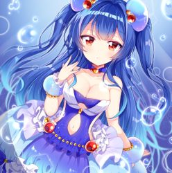 Rule 34 | 1girl, air bubble, bangle, blue dress, blue hair, blue nails, blue theme, bracelet, breasts, bubble, cleavage, clothing cutout, collarbone, detached collar, dress, expressionless, hand up, jewelry, long hair, looking at viewer, medium breasts, nail polish, nameneko (124), navel cutout, noa (shironeko project), red eyes, shironeko project, side cutout, solo, two side up, underboob cutout, very long hair
