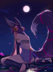 Rule 34 | 1girl, absurdres, animal ears, artist name, ass, back, bell, erune, fikkyun, from behind, full moon, granblue fantasy, hair bell, hair ornament, highres, long hair, looking at viewer, moon, night, night sky, petals, sitting, sky, soles, solo, star (sky), starry sky, tail, toes, water, yuel (granblue fantasy)