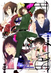 Rule 34 | 1girl, 4boys, armband, axis powers hetalia, bandages, belt, black hair, brown eyes, brown hair, china (hetalia), chinese clothes, drawing sword, eni (yoyogieni), flower, green jacket, green pants, hair between eyes, hair flower, hair ornament, highres, holding, holding sword, holding weapon, hong kong (hetalia), jacket, japan (hetalia), japanese clothes, long hair, low ponytail, multiple boys, open mouth, orange eyes, pants, parted lips, pink eyes, red armband, short hair, south korea (hetalia), sword, taiwan (hetalia), teeth, thumbs up, traditional clothes, uniform, upper body, upper teeth only, weapon, yellow eyes