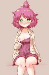 Rule 34 | 1girl, arinu, bare legs, benimo-chan, blush, breasts, bright pupils, collarbone, female focus, green eyes, grey background, highres, hood, hooded jacket, jacket, legs together, looking at viewer, medium breasts, naughty face, nightgown, nipples, no bra, one breast out, open mouth, original, pulled by self, purple hair, purple nightgown, simple background, sitting, sleeves past wrists, smile, solo, sweat, topknot, white pupils