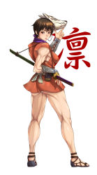 Rule 34 | 1girl, :p, ass, biceps, bouningen, breasts, brown eyes, brown hair, commentary request, fox mask, full body, highres, japanese clothes, kimono, kneepits, kunoichi, mask, mask on head, muscular, muscular female, ninja, ninjatou, panties, pantyshot, photoshop (medium), revision, rin (tenchuu), sandals, sash, scabbard, sheath, sheathed, short hair, short kimono, short sword, sleeveless, sleeveless kimono, small breasts, solo, sword, sword behind back, tenchuu, thick thighs, thighs, toes, tongue, tongue out, underbutt, underwear, vambraces, waraji, weapon, white background, white panties