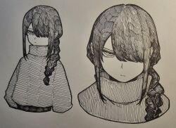 Rule 34 | 1girl, braid, chainsaw man, commentary, epeulu (ate5424), greyscale, hair over one eye, hair over shoulder, highres, marker (medium), monochrome, nayuta (chainsaw man), ringed eyes, serious, sidelocks, single braid, sweater, traditional media, turtleneck, turtleneck sweater, upper body