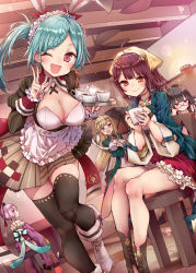 Rule 34 | 5girls, ;d, ahoge, alt (ctrldel), animal ears, apron, atelier (series), atelier sophie, black-framed eyewear, black hair, black legwear, blue hair, blush, boots, braid, braided bangs, breasts, brown eyes, brown footwear, brown hair, ceiling fan, chair, closed mouth, collarbone, commentary request, corneria (atelier), cup, dutch angle, elise phulie, fingernails, frilled apron, frills, glasses, head scarf, head tilt, highres, indoors, instrument, japanese clothes, kimono, large breasts, leaning forward, long hair, looking at viewer, maid headdress, monika ellmenreich, multiple girls, one eye closed, open mouth, piano, pink hair, profile, rabbit ears, rimless eyewear, short hair, side ponytail, sitting, skirt, smile, sophie neuenmuller, standing, stool, striped clothes, striped skirt, teacup, teapot, tess heitzmann, thighhighs, tray, v, very long hair, waist apron, waitress, white apron