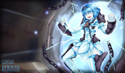 Rule 34 | 1girl, armor, blue eyes, blue hair, broken, broken armor, broken chain, chain, chain, colored skin, dress, electricity, gender request, genderswap, gloves, league of legends, matching hair/eyes, nam (valckiry), pantyhose, personification, short hair, solo, thighhighs, white skin, xerath, zettai ryouiki