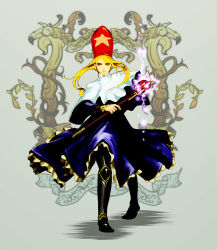 Rule 34 | 1girl, armor, armored boots, blonde hair, blue dress, boots, capelet, dress, emblem, fighting stance, final fantasy, final fantasy tactics, full body, glowing, grey background, hat, kuwae, long hair, long sleeves, looking at viewer, powering up, red hat, robe, serious, sidelocks, simple background, solo, staff, standing, star (symbol), star print, tate eboshi, time mage, time mage (fft), wand, weapon, yellow eyes