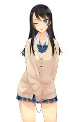 Rule 34 | 1girl, arm behind back, black hair, blue eyes, cardigan, commentary, cowboy shot, earbuds, earphones, highres, long hair, looking at viewer, murakami suigun, one eye closed, original, parted lips, pleated skirt, revision, sex toy, simple background, skirt, sleeves past wrists, smile, solo, teeth, uniform, vibrator, vibrator under clothes, white background