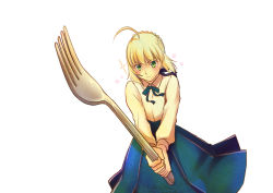 Rule 34 | 1girl, absurdres, ahoge, artoria pendragon (all), artoria pendragon (fate), blonde hair, blouse, blue ribbon, blue skirt, braid, braided bun, collared shirt, fate/stay night, fate (series), fork, green eyes, hair bun, hair ribbon, highres, holding, holding fork, holding weapon, leaning forward, long skirt, neck ribbon, pleated skirt, pon kan, ribbon, saber (fate), shirt, short hair, simple background, skirt, solo, standing, weapon, white background, white shirt, wing collar