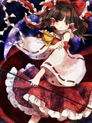 1girl ascot blush bow brown_hair closed_mouth commentary detached_sleeves frilled_bow frilled_hair_tubes frilled_skirt frills gohei hair_bow hair_tubes hakurei_reimu holding holding_gohei imperishable_night long_hair looking_at_viewer red_bow red_eyes red_skirt retrochaossan ribbon-trimmed_sleeves ribbon_trim skirt skirt_set solo touhou yellow_ascot