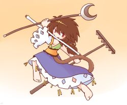Rule 34 | 1girl, 216, arm up, bare shoulders, barefoot, blue dress, blush, braid, brown hair, crescent, dress, feet, from behind, gradient background, green dress, hair ornament, holding, holding rake, holding staff, holding weapon, long sleeves, looking to the side, medium hair, midair, monkey girl, monkey tail, mouth hold, multicolored clothes, multicolored dress, orange eyes, outstretched arm, rake, simple background, single sleeve, solo, son biten, staff, tail, toes, touhou, weapon, wide sleeves, yellow background, yellow dress