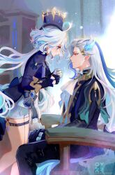 Rule 34 | 1boy, 1girl, ahoge, ascot, black ascot, black gloves, blue eyes, blue hair, blue hat, blue jacket, closed mouth, commentary, english commentary, expressionless, furina (genshin impact), genshin impact, gloves, hair between eyes, hat, highres, jacket, light blue hair, long hair, long sleeves, multicolored hair, neuvillette (genshin impact), oyakorodesu, pointy ears, solo, streaked hair, top hat, white gloves, white hair
