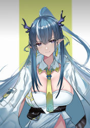 Rule 34 | 1girl, arknights, between breasts, blue hair, breasts, cleavage, closed mouth, coat, coat on shoulders, dragon horns, dress, earrings, high ponytail, highres, horns, jewelry, large breasts, ling (arknights), long hair, looking at viewer, multicolored hair, necktie, necktie between breasts, open clothes, open coat, pointy ears, pouch, purple eyes, smile, solo, srpzk, strapless, strapless dress, streaked hair, two-tone background, two-tone hair, underbust, upper body, very long hair, white coat, white dress, white hair, yellow necktie
