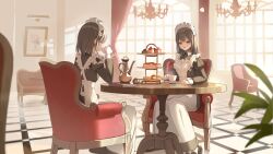 Rule 34 | 2girls, apron, armchair, black dress, black footwear, black hair, chair, commentary request, cup, curtains, dress, drinking, food, frilled apron, frills, fruit, grey eyes, highres, holding, holding cup, indoors, juliet sleeves, long sleeves, maid, maid apron, maid headdress, multiple girls, on chair, original, parted lips, puffy sleeves, shii (kairi-t-k0317), shoes, sitting, strawberry, tiered tray, white apron, window