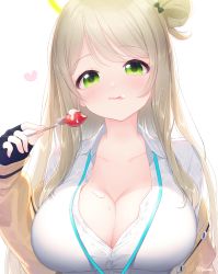 Rule 34 | black gloves, blue archive, blush, breasts, cleavage, food, fork, fruit, gloves, green eyes, highres, holding, holding fork, large breasts, licking, light brown hair, long hair, long sleeves, looking at viewer, nishiki koi, nonomi (blue archive), shirt, sleeves past wrists, solo, strawberry, tongue, tongue out, white shirt