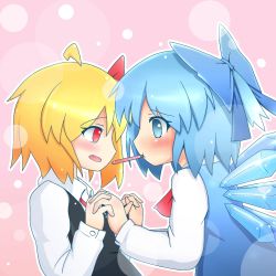 Rule 34 | 2girls, ahoge, bad id, blonde hair, blue eyes, blue hair, blush, bow, cirno, embodiment of scarlet devil, fang, food, hair bow, hair ribbon, holding hands, ice, multiple girls, pocky, pocky kiss, red eyes, ribbon, rumia, shared food, torichiyo, touhou, wings